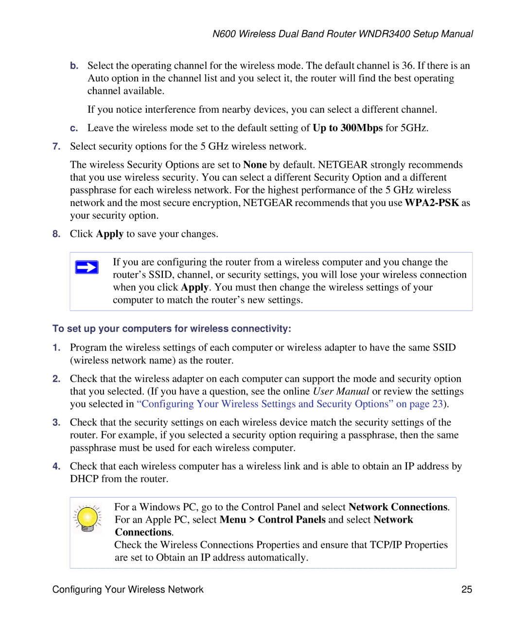 NETGEAR WNDR3400-100NAS manual To set up your computers for wireless connectivity 