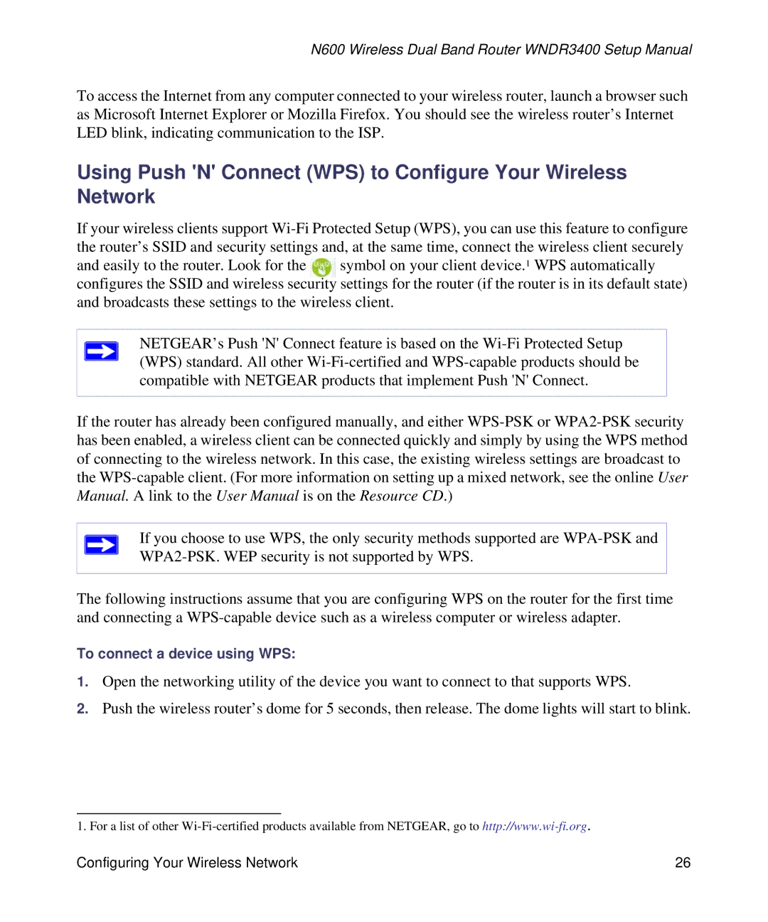 NETGEAR WNDR3400-100NAS manual Using Push N Connect WPS to Configure Your Wireless Network 