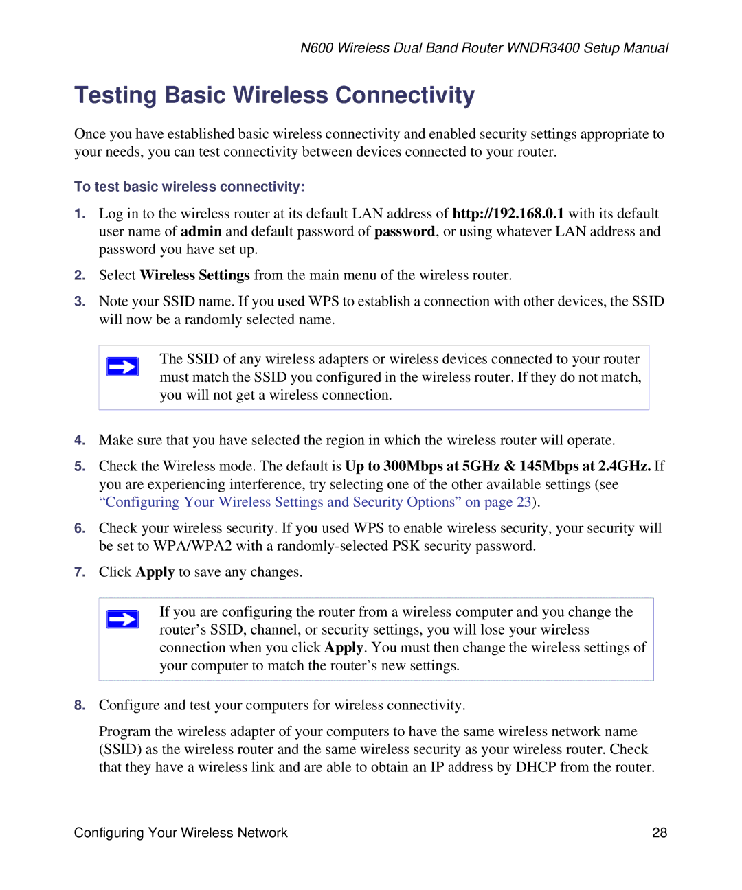 NETGEAR WNDR3400-100NAS manual Testing Basic Wireless Connectivity 