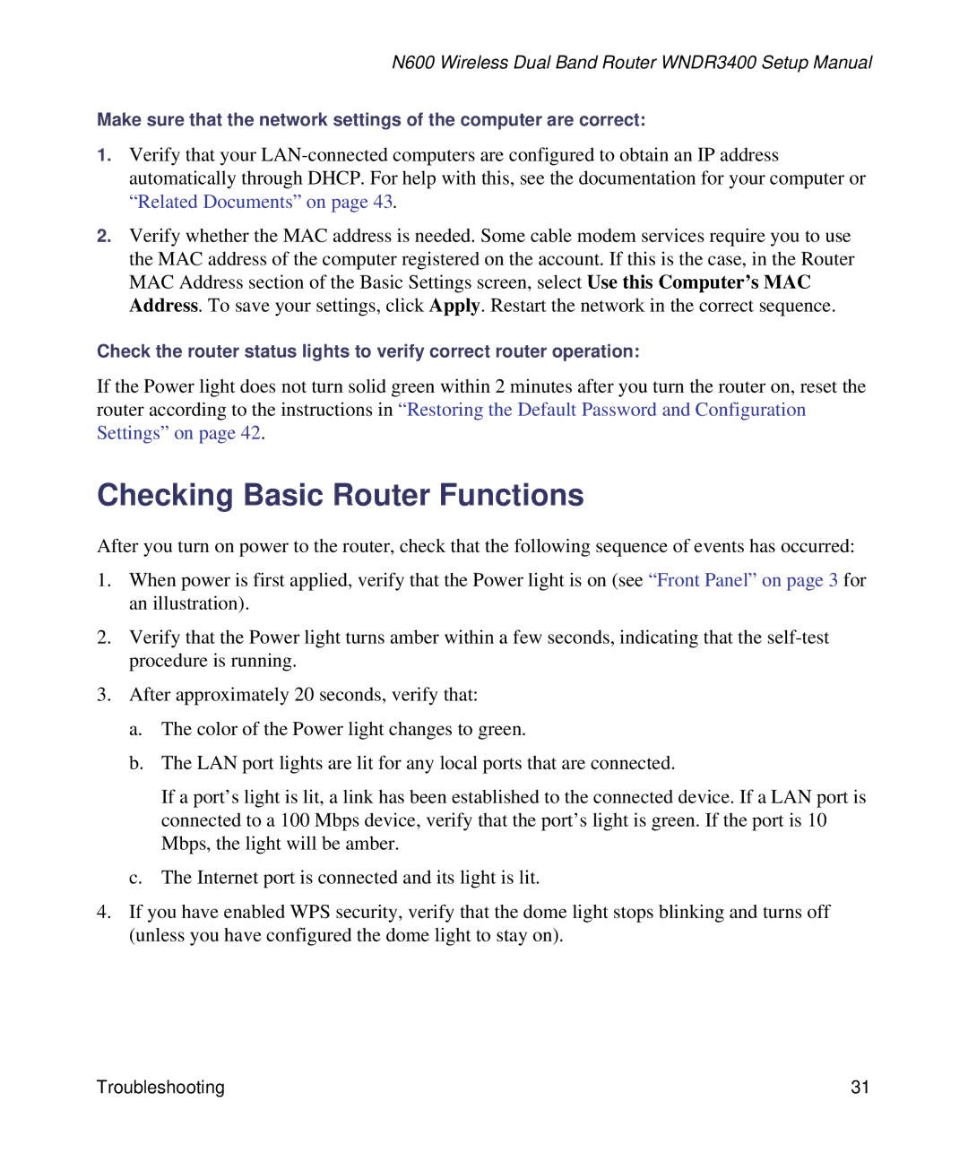 NETGEAR WNDR3400-100NAS manual Checking Basic Router Functions 