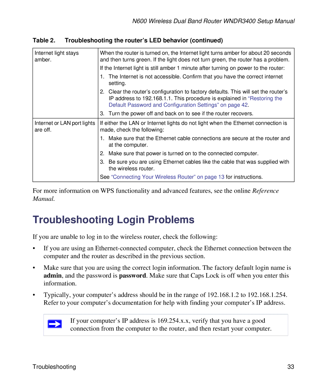 NETGEAR WNDR3400-100NAS manual Troubleshooting Login Problems, Default Password and Configuration Settings on 