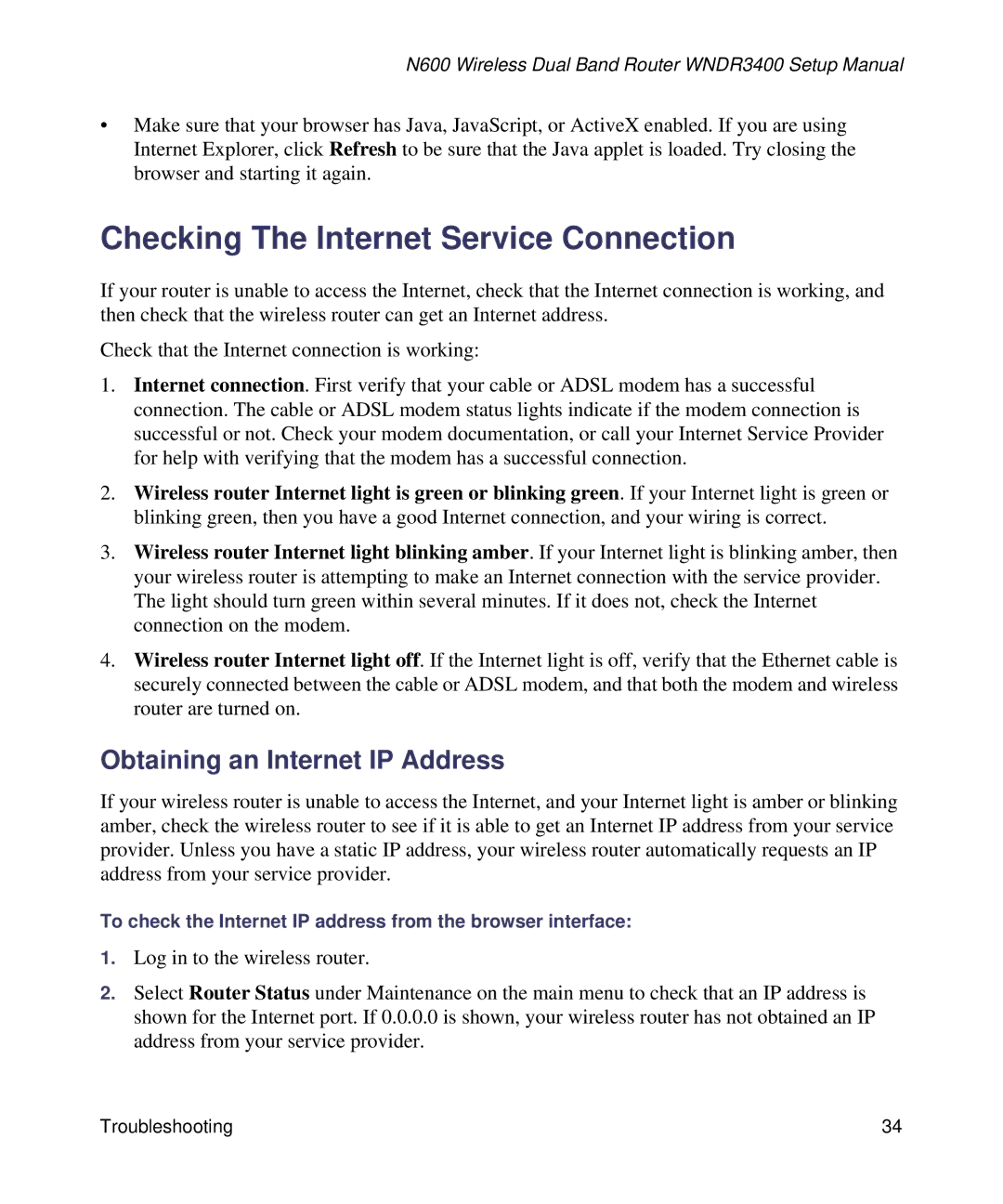 NETGEAR WNDR3400-100NAS manual Checking The Internet Service Connection, Obtaining an Internet IP Address 