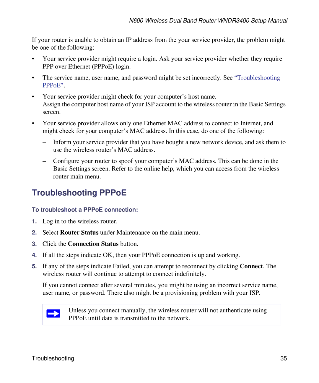 NETGEAR WNDR3400-100NAS manual Troubleshooting PPPoE, Click the Connection Status button 