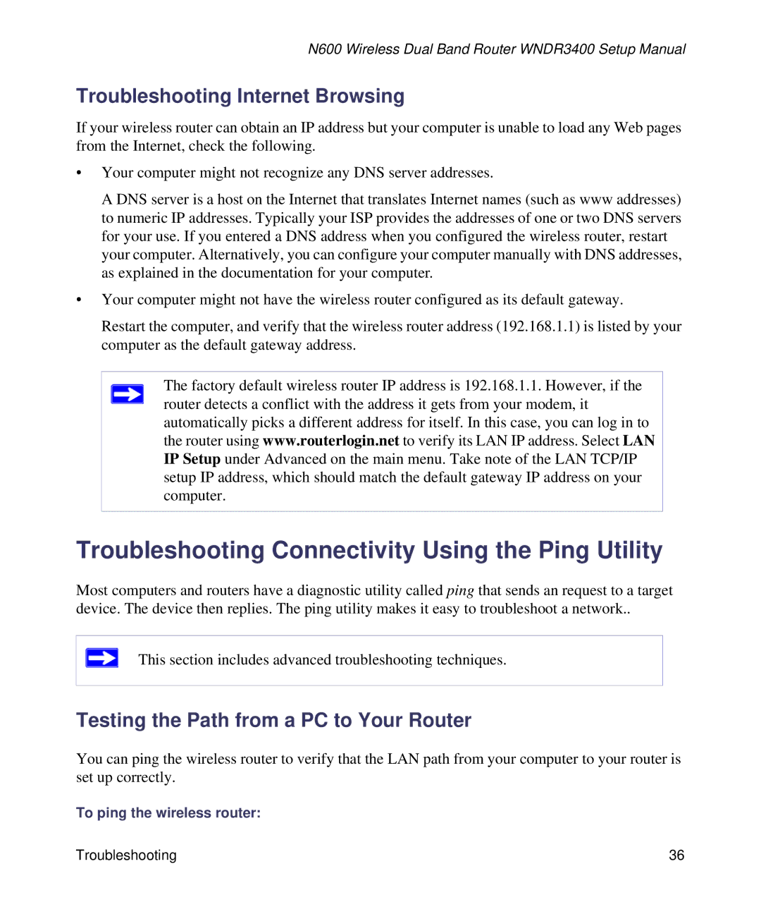 NETGEAR WNDR3400-100NAS manual Troubleshooting Connectivity Using the Ping Utility, Troubleshooting Internet Browsing 