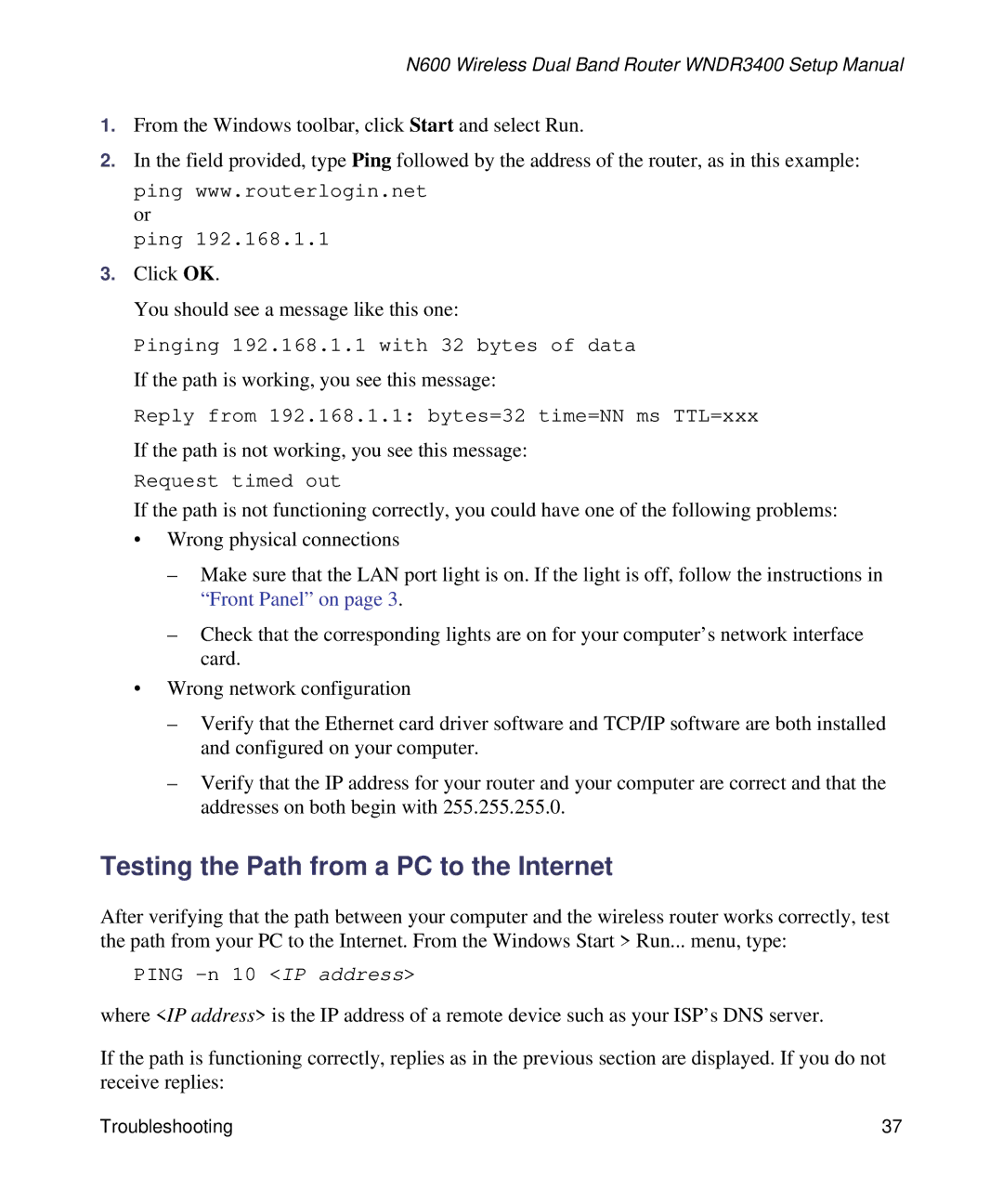 NETGEAR WNDR3400-100NAS manual Testing the Path from a PC to the Internet 