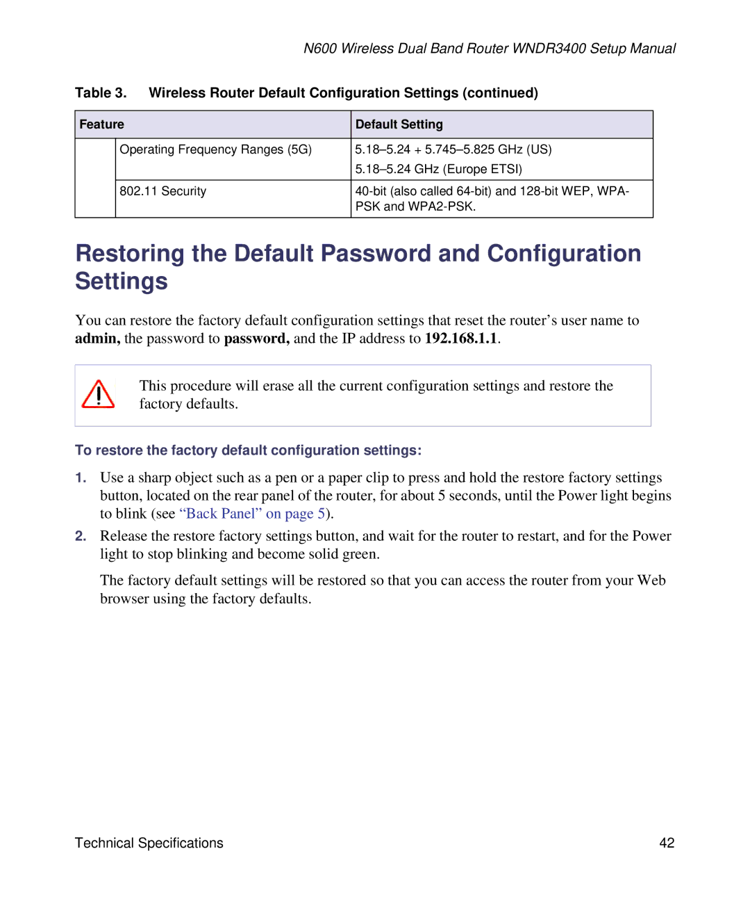 NETGEAR WNDR3400-100NAS manual Restoring the Default Password and Configuration Settings, Feature Default Setting 