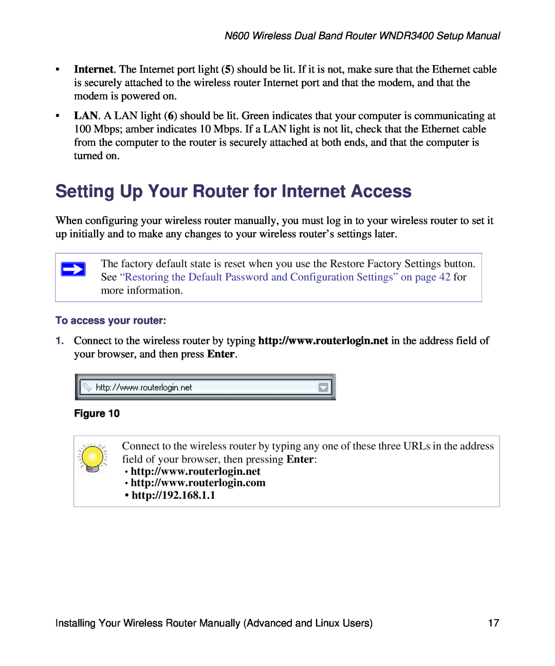 NETGEAR WNDR3400-100NAS manual Setting Up Your Router for Internet Access, http//192.168.1.1 