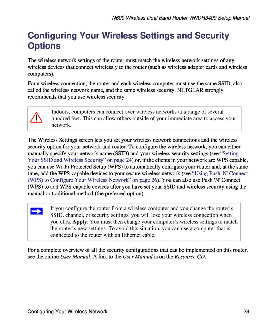 NETGEAR WNDR3400-100NAS manual Configuring Your Wireless Settings and Security Options 
