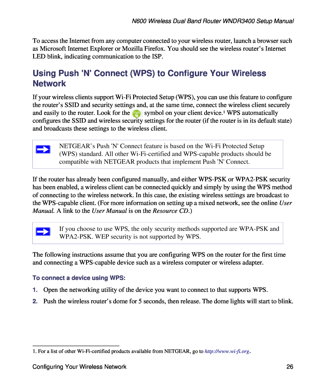 NETGEAR WNDR3400-100NAS manual Using Push N Connect WPS to Configure Your Wireless Network, To connect a device using WPS 
