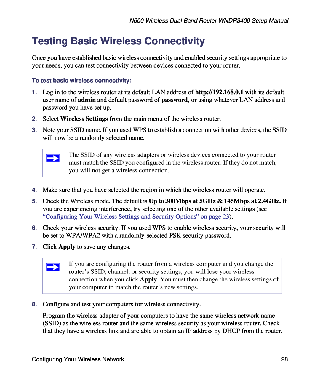NETGEAR WNDR3400-100NAS manual Testing Basic Wireless Connectivity, To test basic wireless connectivity 