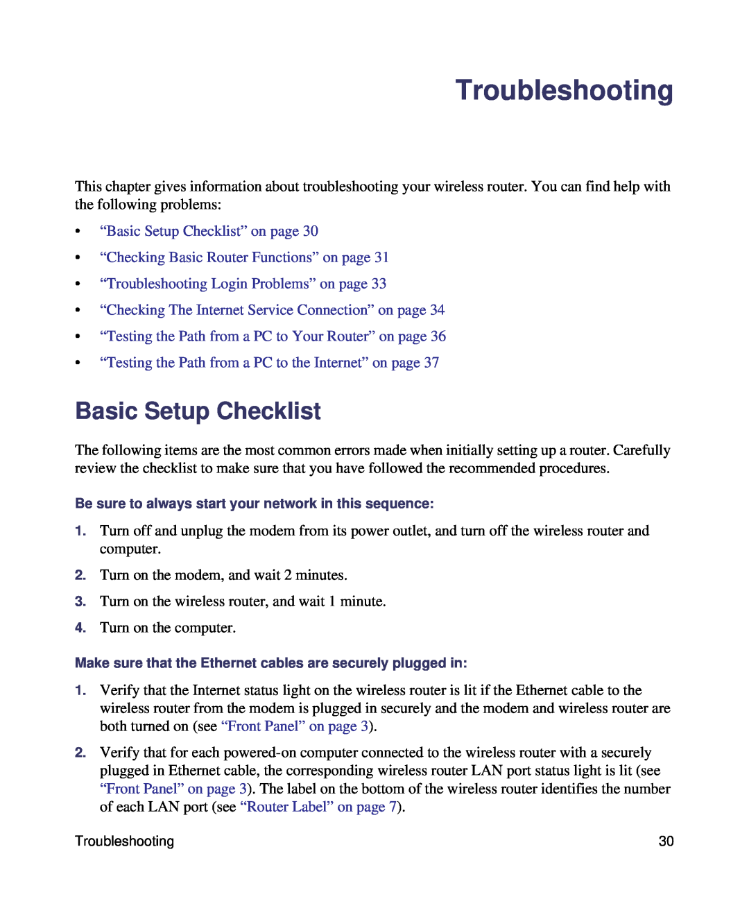 NETGEAR WNDR3400-100NAS Troubleshooting, “Basic Setup Checklist” on page, “Checking Basic Router Functions” on page 
