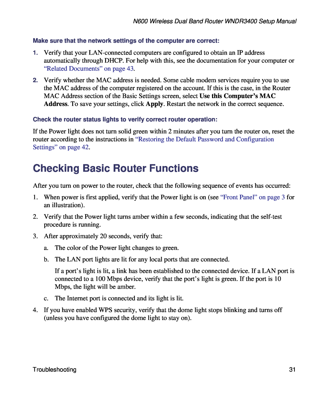 NETGEAR WNDR3400-100NAS manual Checking Basic Router Functions 