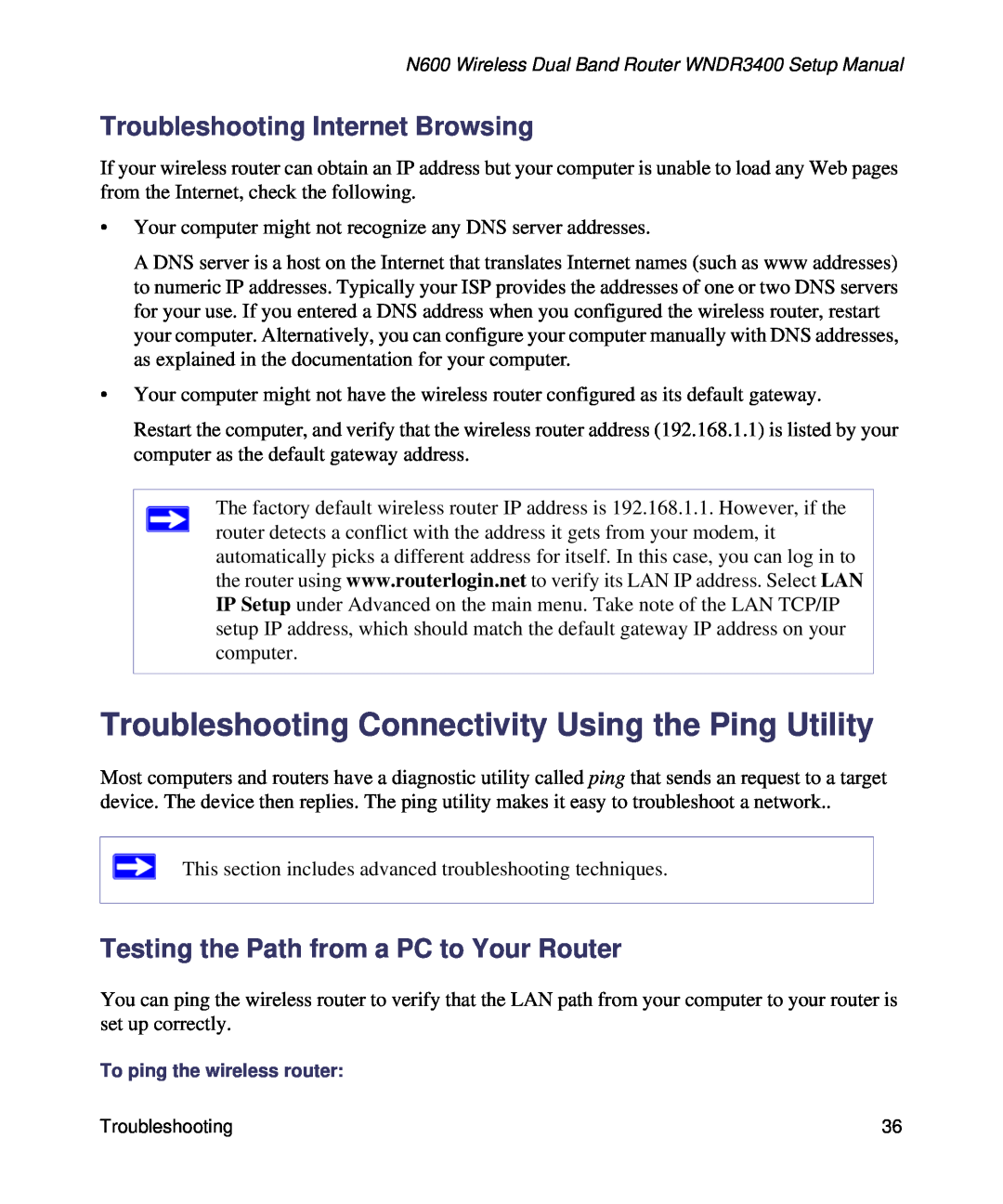 NETGEAR WNDR3400-100NAS manual Troubleshooting Connectivity Using the Ping Utility, Troubleshooting Internet Browsing 