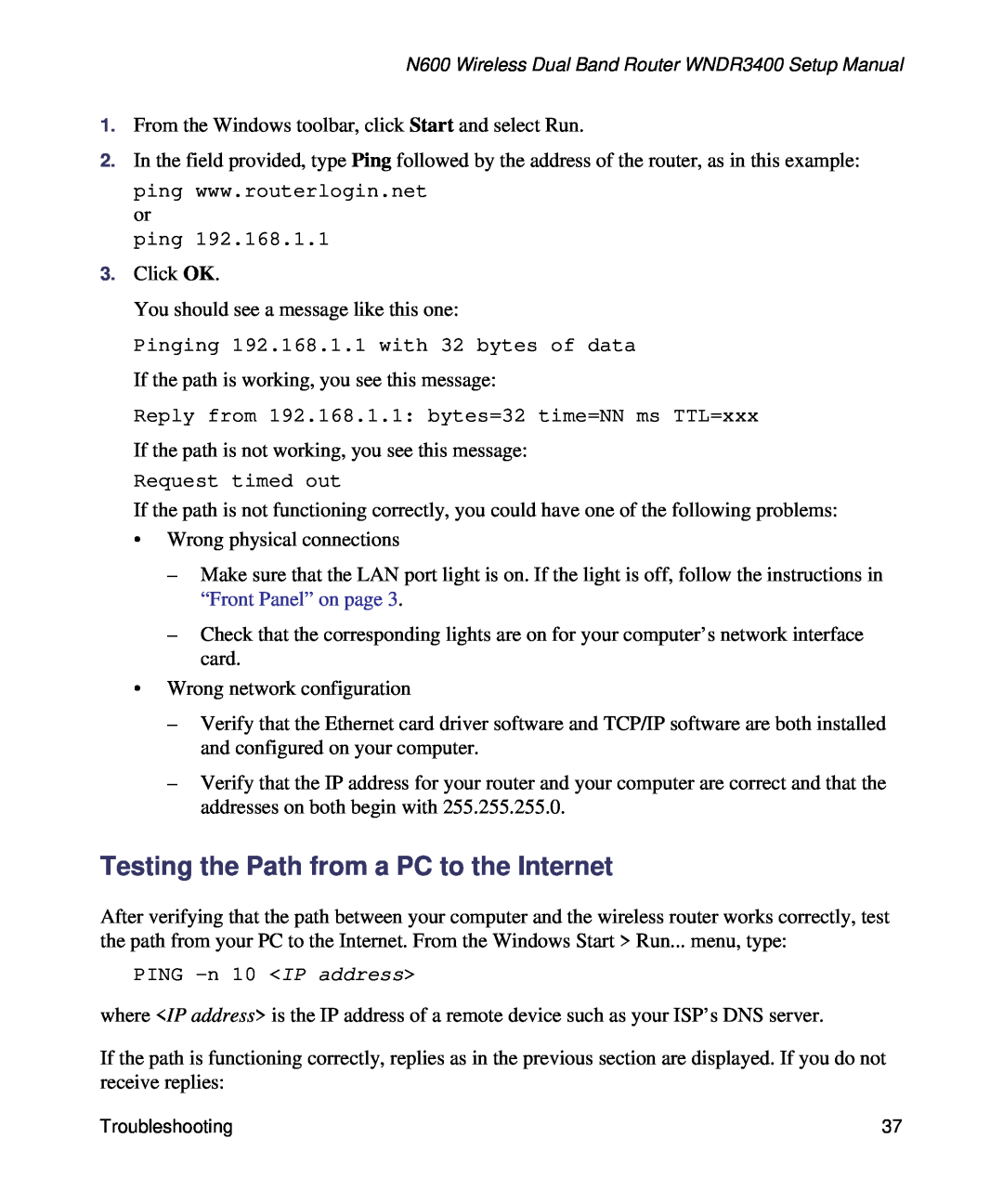 NETGEAR WNDR3400-100NAS manual Testing the Path from a PC to the Internet, PING -n 10 IP address 