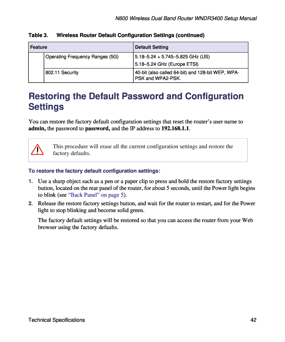 NETGEAR WNDR3400-100NAS manual Restoring the Default Password and Configuration Settings 