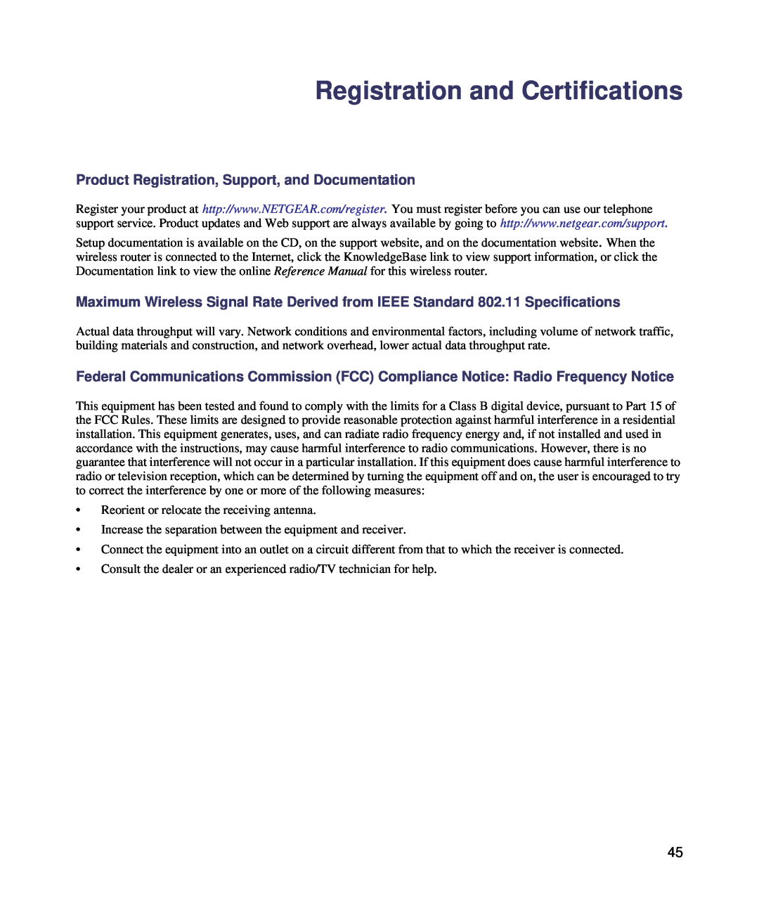 NETGEAR WNDR3400-100NAS manual Registration and Certifications, Product Registration, Support, and Documentation 