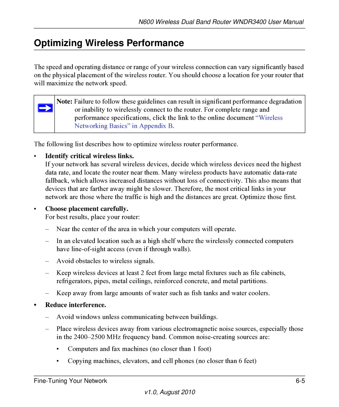 NETGEAR WNDR3400 user manual Optimizing Wireless Performance, Identify critical wireless links, Reduce interference 