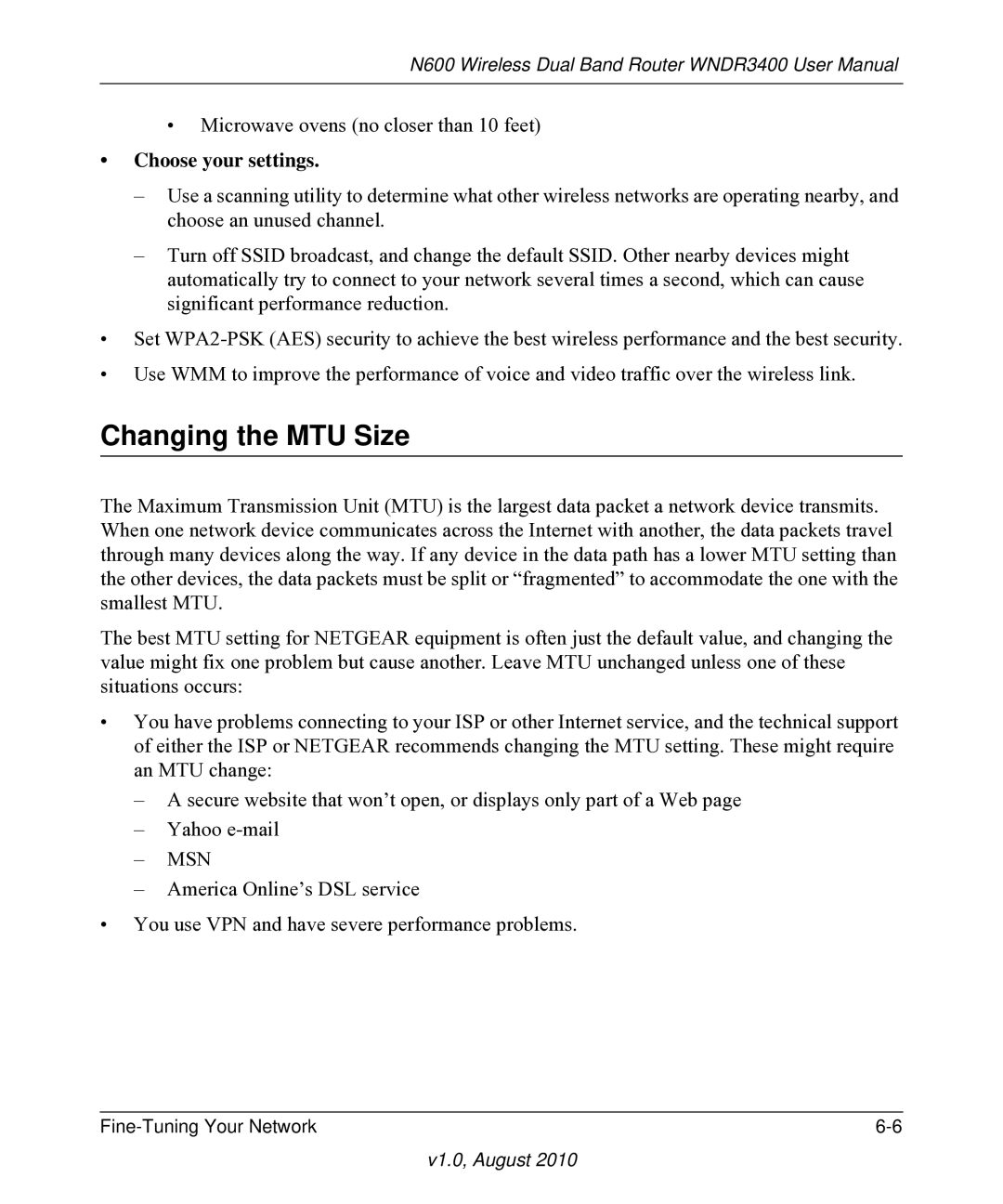 NETGEAR WNDR3400 user manual Changing the MTU Size, Choose your settings 