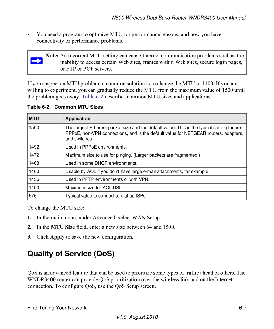 NETGEAR WNDR3400 user manual Quality of Service QoS, Common MTU Sizes, Application 