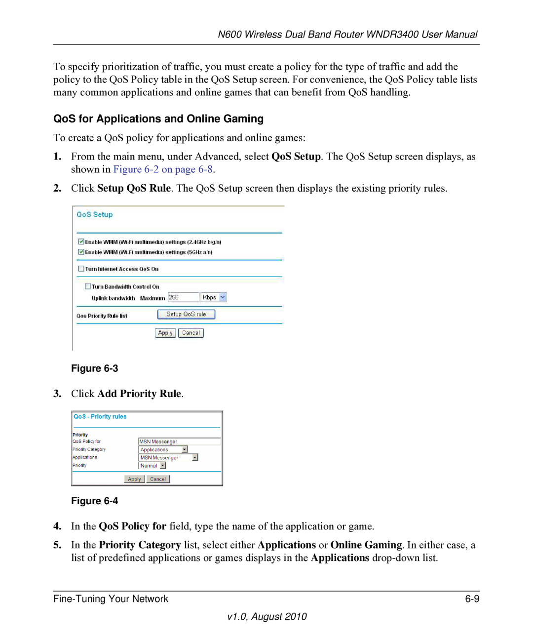 NETGEAR WNDR3400 user manual QoS for Applications and Online Gaming, Click Add Priority Rule 