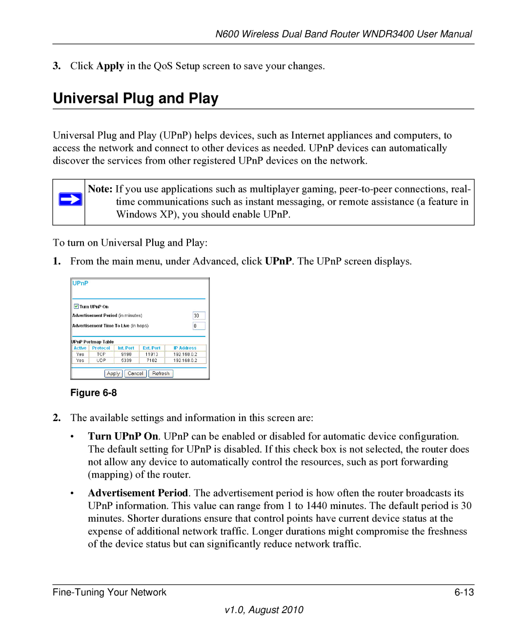 NETGEAR WNDR3400 user manual Universal Plug and Play 