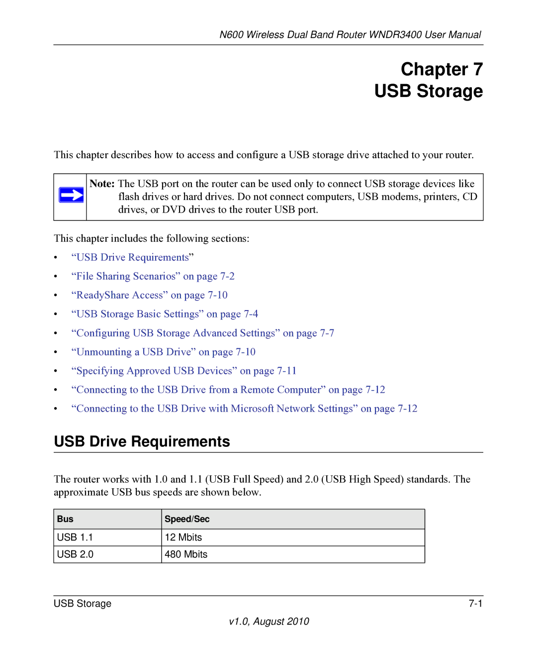 NETGEAR WNDR3400 user manual Chapter USB Storage, USB Drive Requirements, Bus Speed/Sec 