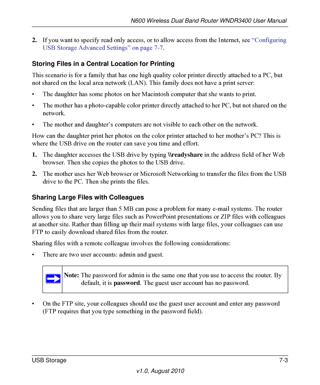 NETGEAR WNDR3400 user manual Storing Files in a Central Location for Printing, Sharing Large Files with Colleagues 