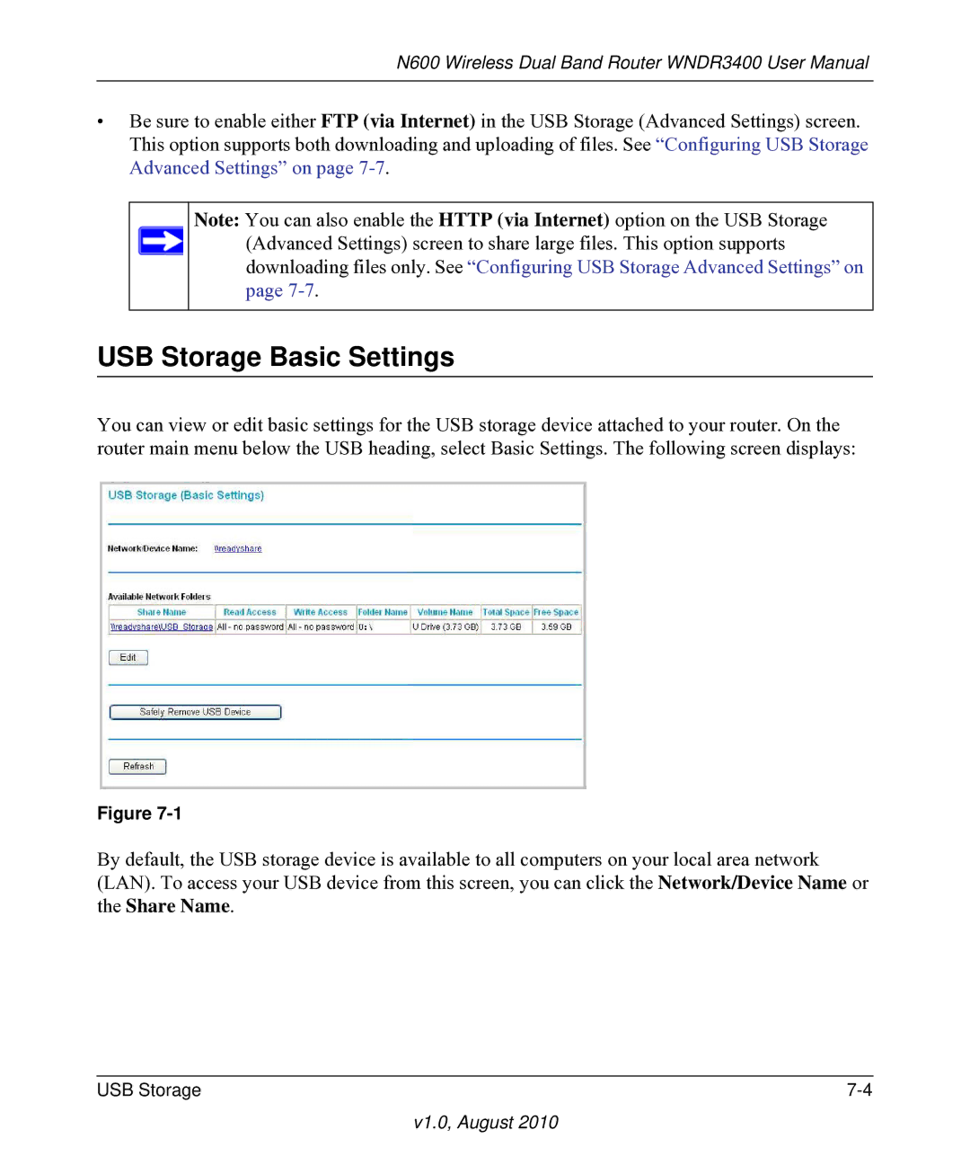 NETGEAR WNDR3400 user manual USB Storage Basic Settings 