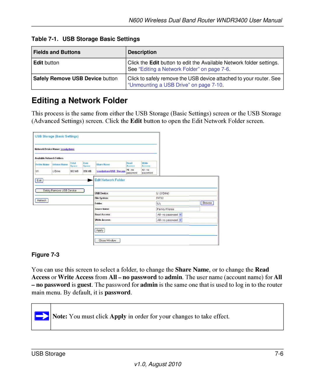 NETGEAR WNDR3400 user manual Editing a Network Folder, Safely Remove USB Device button 