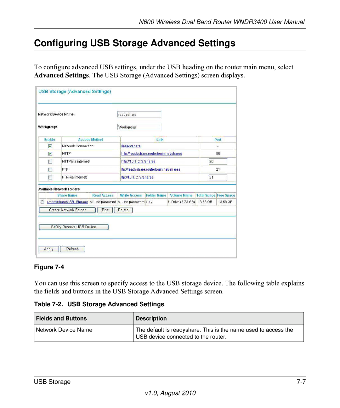 NETGEAR WNDR3400 user manual Configuring USB Storage Advanced Settings 