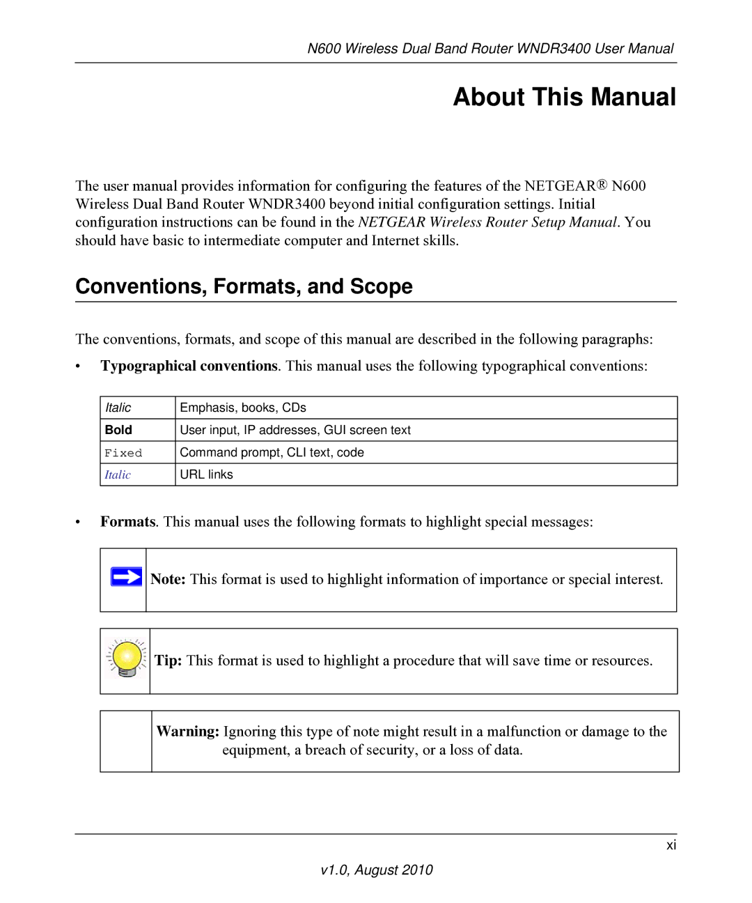 NETGEAR WNDR3400 user manual About This Manual, Conventions, Formats, and Scope 