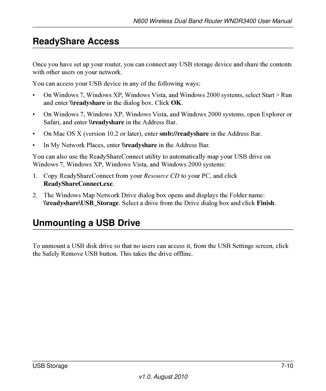 NETGEAR WNDR3400 user manual ReadyShare Access, Unmounting a USB Drive 