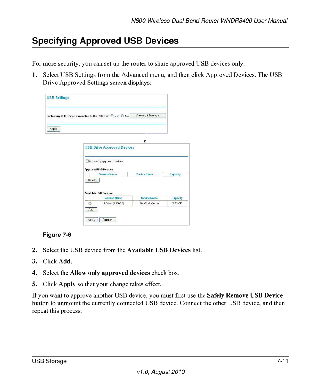 NETGEAR WNDR3400 user manual Specifying Approved USB Devices, Select the Allow only approved devices check box 