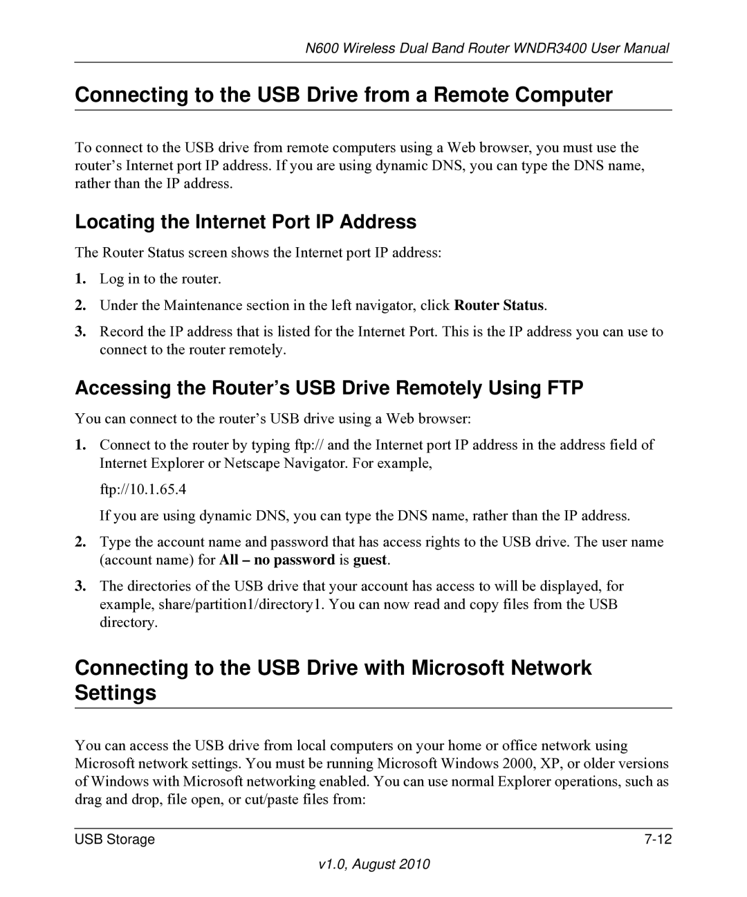 NETGEAR WNDR3400 user manual Connecting to the USB Drive from a Remote Computer, Locating the Internet Port IP Address 