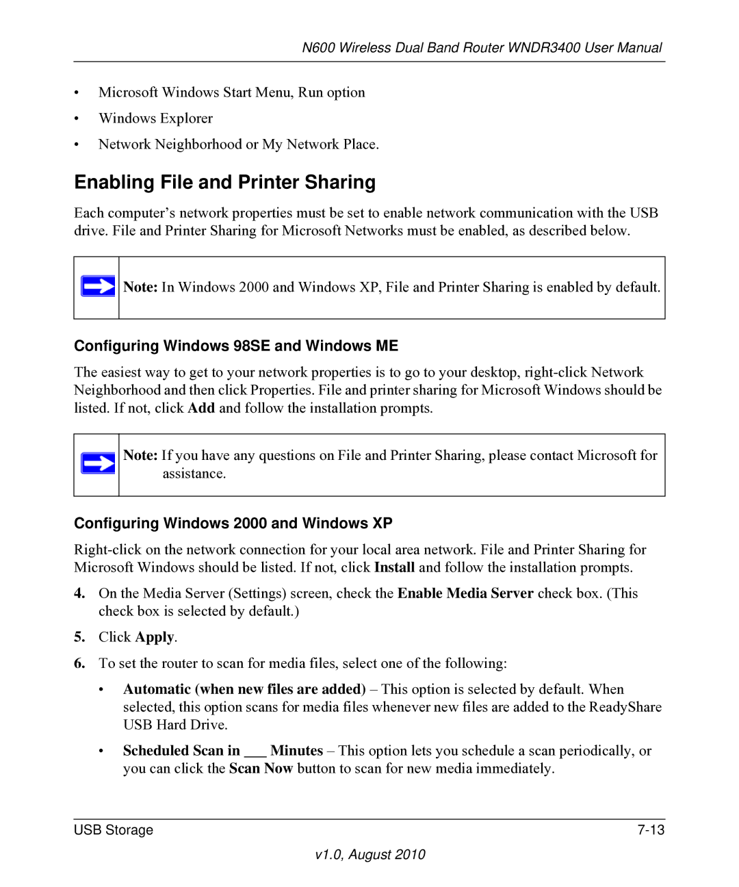 NETGEAR WNDR3400 user manual Enabling File and Printer Sharing, Configuring Windows 98SE and Windows ME 