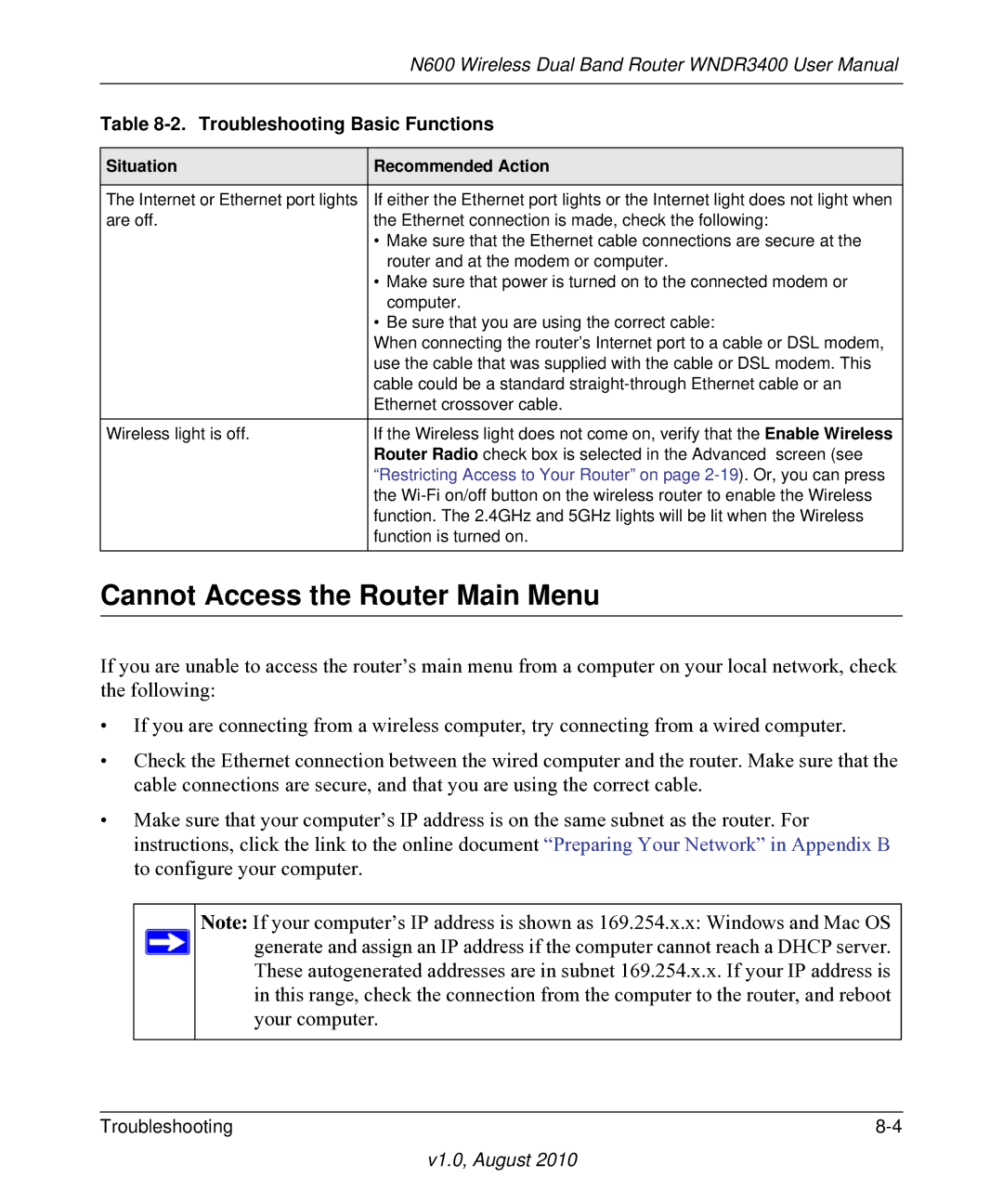 NETGEAR WNDR3400 user manual Cannot Access the Router Main Menu 