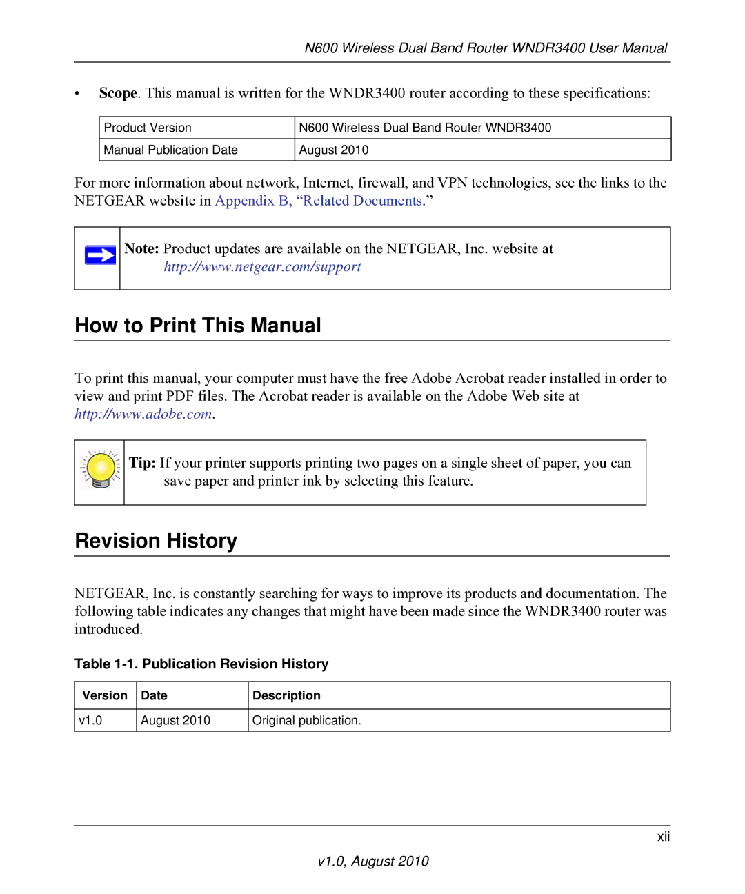 NETGEAR WNDR3400 user manual How to Print This Manual, Publication Revision History 