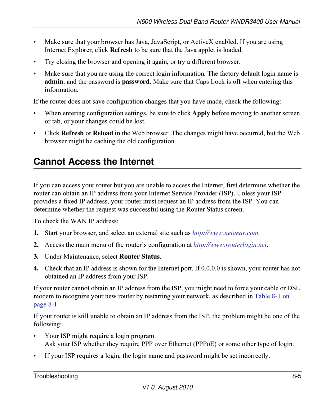 NETGEAR WNDR3400 user manual Cannot Access the Internet 