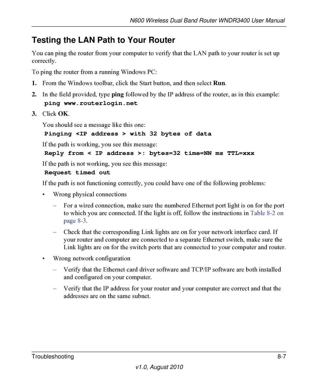 NETGEAR WNDR3400 user manual Testing the LAN Path to Your Router, Request timed out 