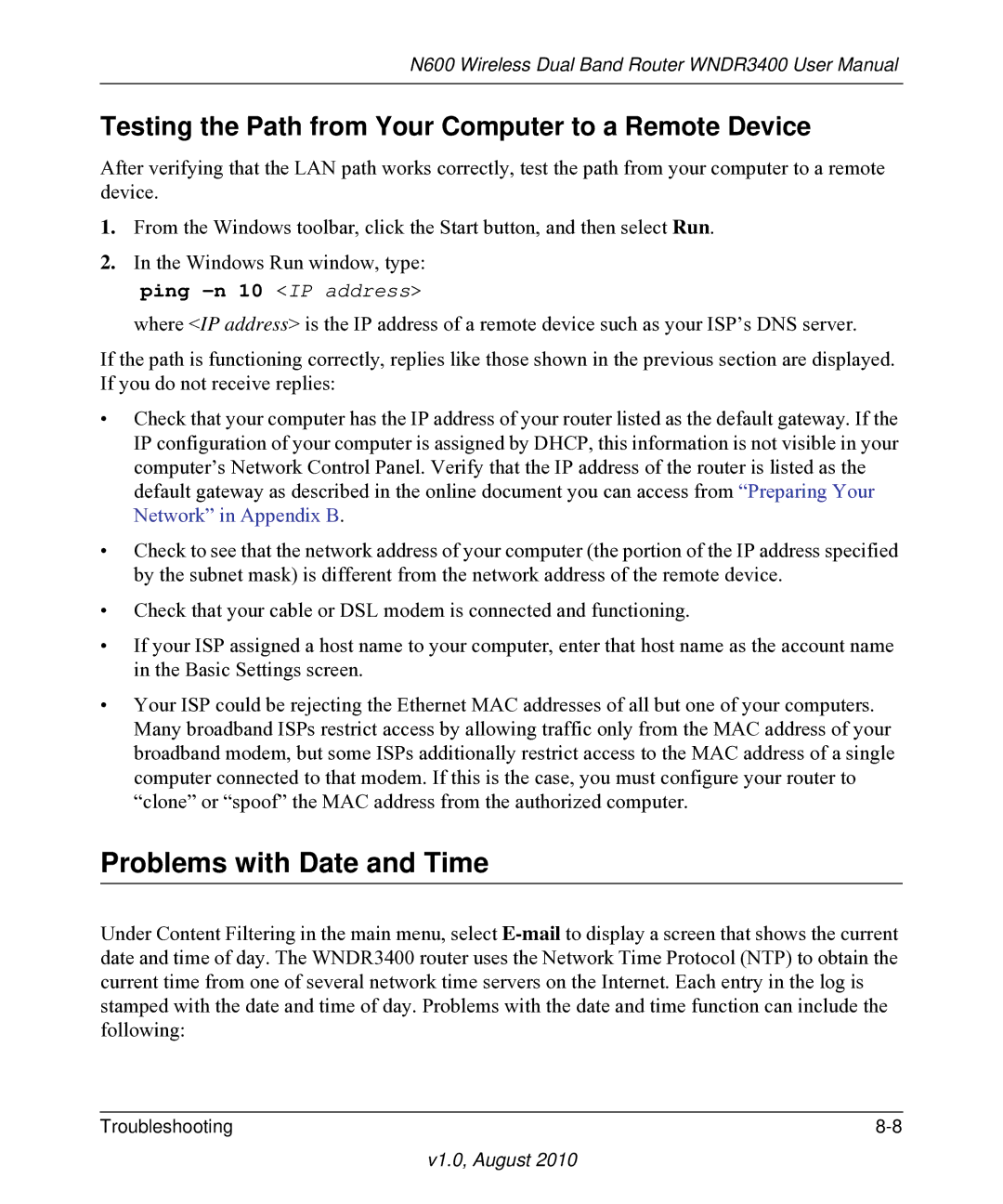 NETGEAR WNDR3400 user manual Problems with Date and Time, Testing the Path from Your Computer to a Remote Device 