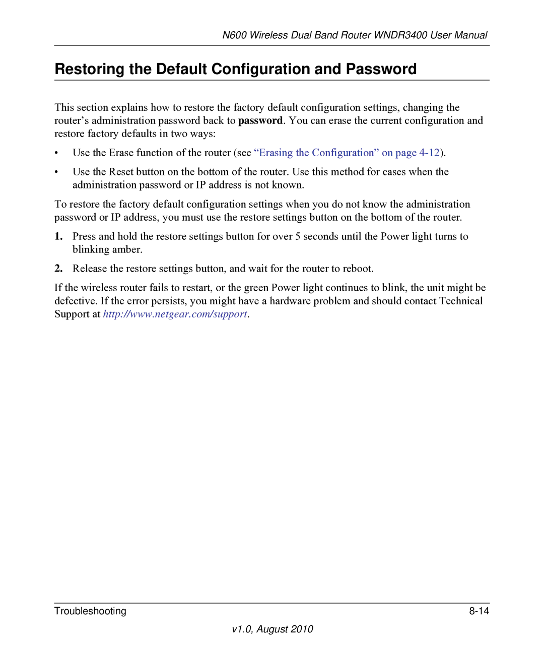 NETGEAR WNDR3400 user manual Restoring the Default Configuration and Password 