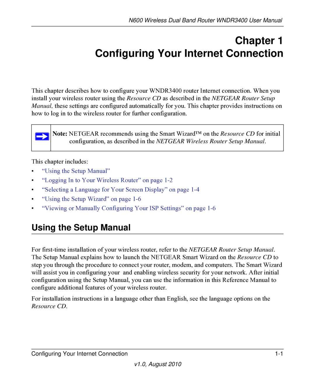 NETGEAR WNDR3400 user manual Chapter Configuring Your Internet Connection, Using the Setup Manual 