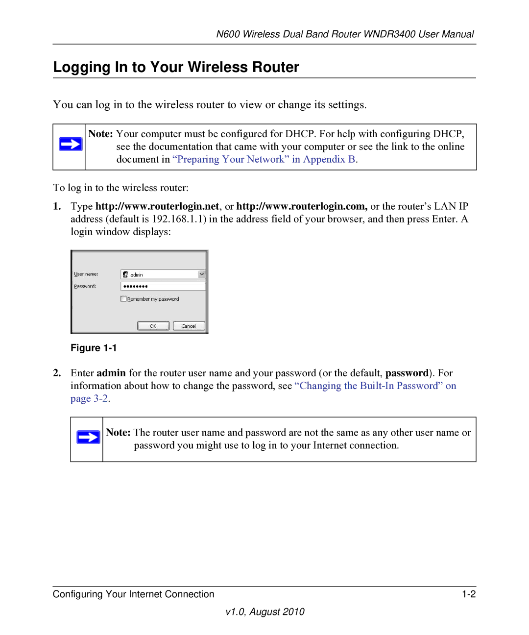 NETGEAR WNDR3400 user manual Logging In to Your Wireless Router, Document in Preparing Your Network in Appendix B 