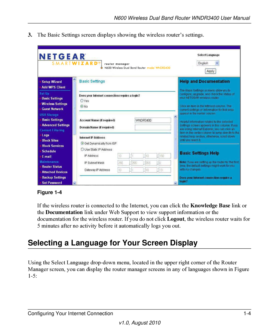 NETGEAR WNDR3400 user manual Selecting a Language for Your Screen Display 