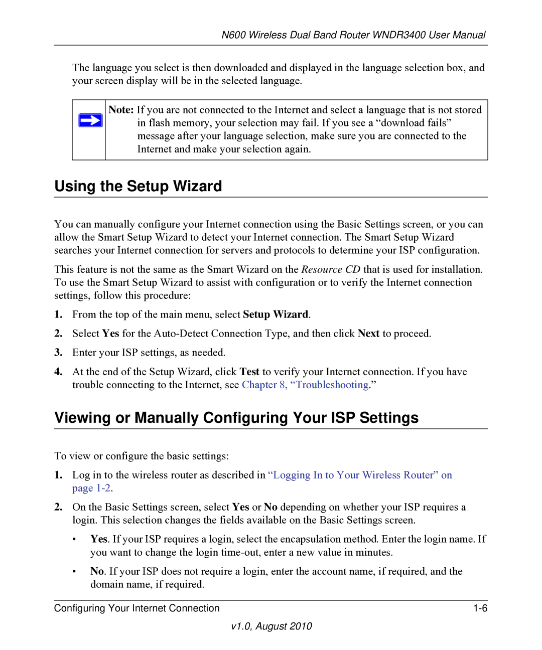 NETGEAR WNDR3400 user manual Using the Setup Wizard, Viewing or Manually Configuring Your ISP Settings 