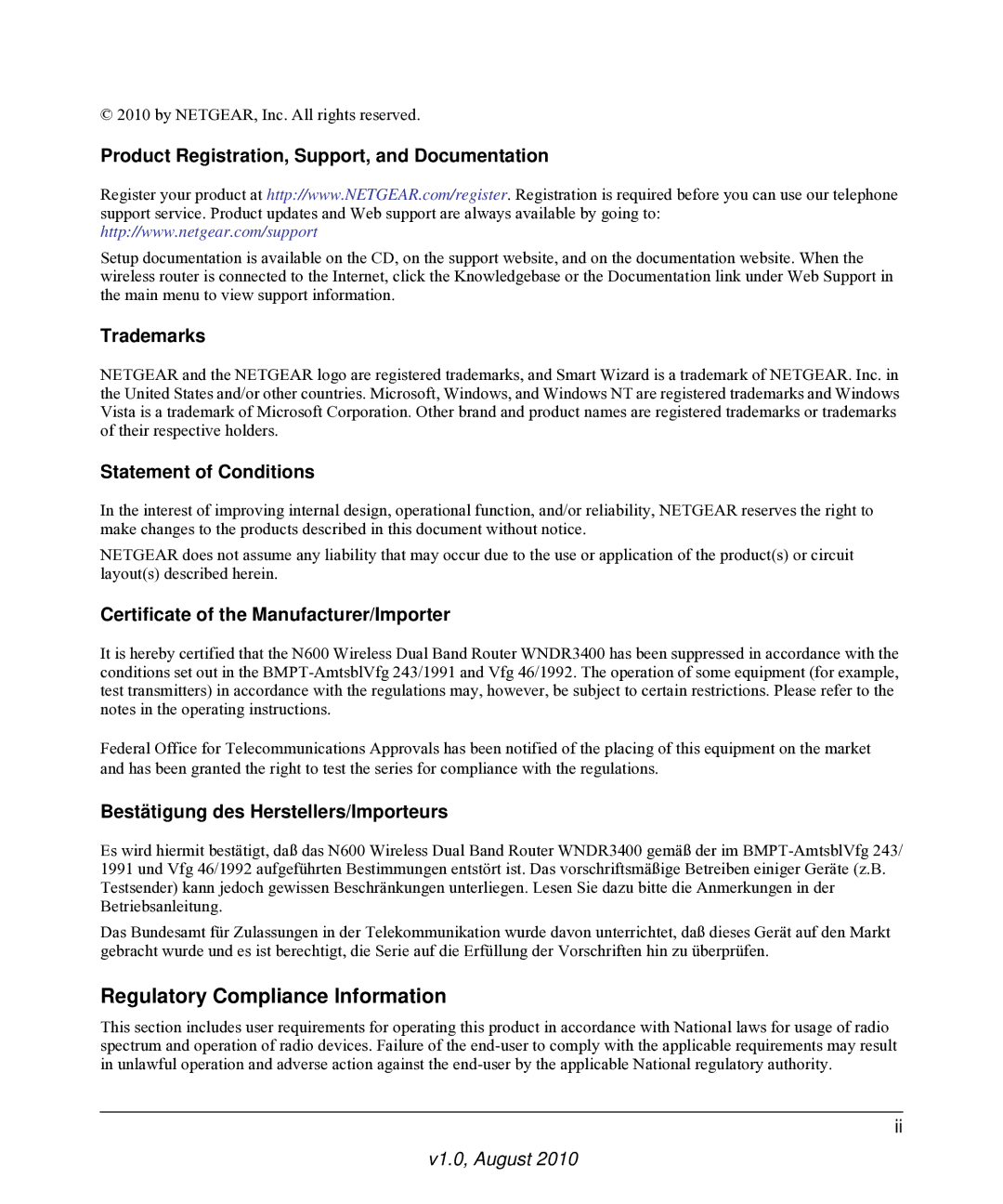 NETGEAR WNDR3400 user manual Regulatory Compliance Information 