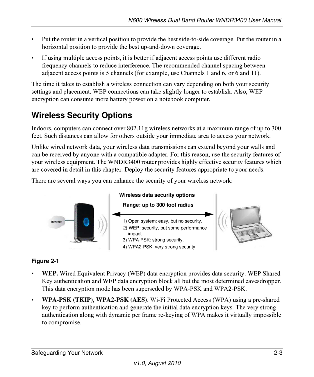 NETGEAR WNDR3400 user manual Wireless Security Options, Wireless data security options Range up to 300 foot radius 