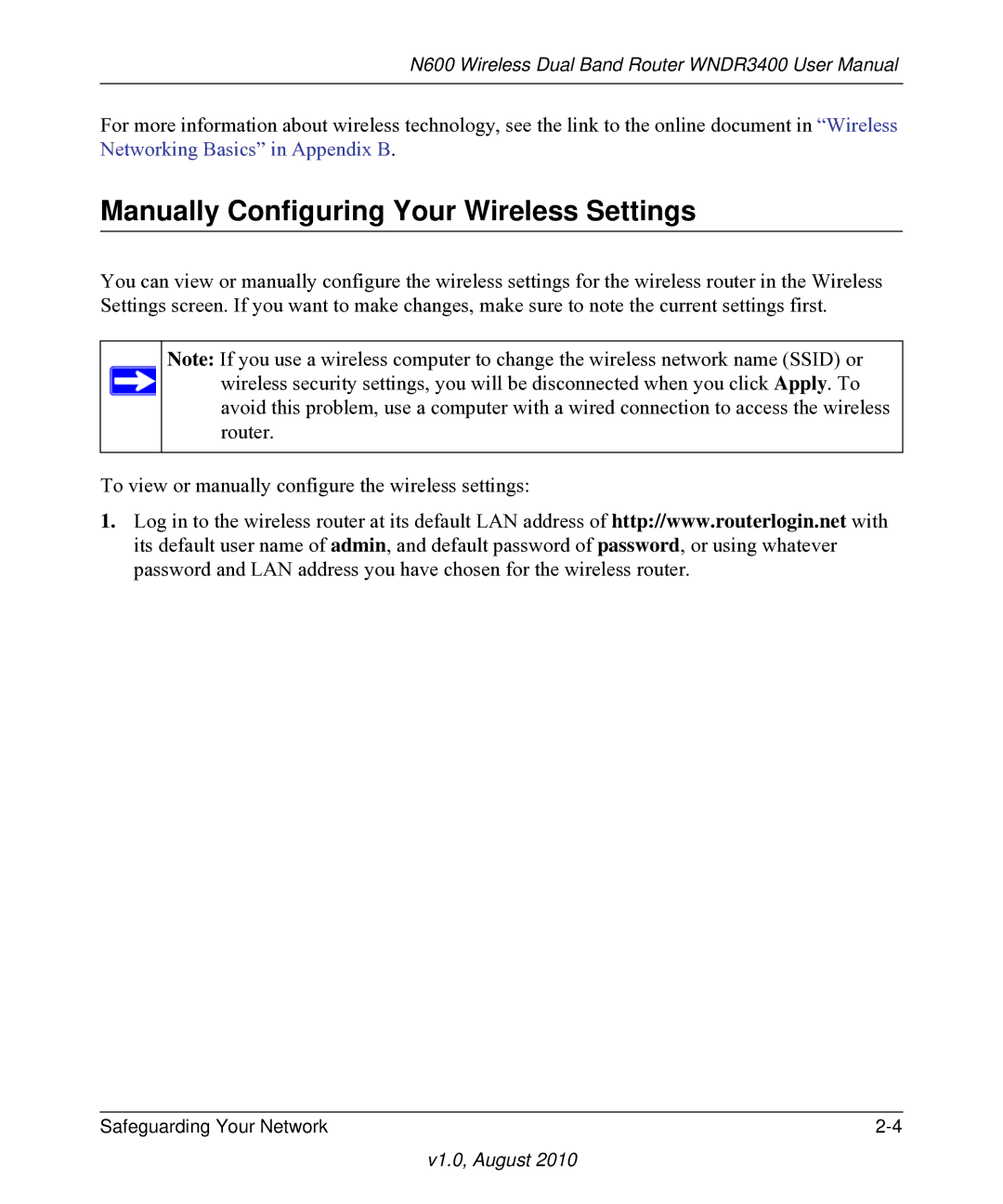 NETGEAR WNDR3400 user manual Manually Configuring Your Wireless Settings 