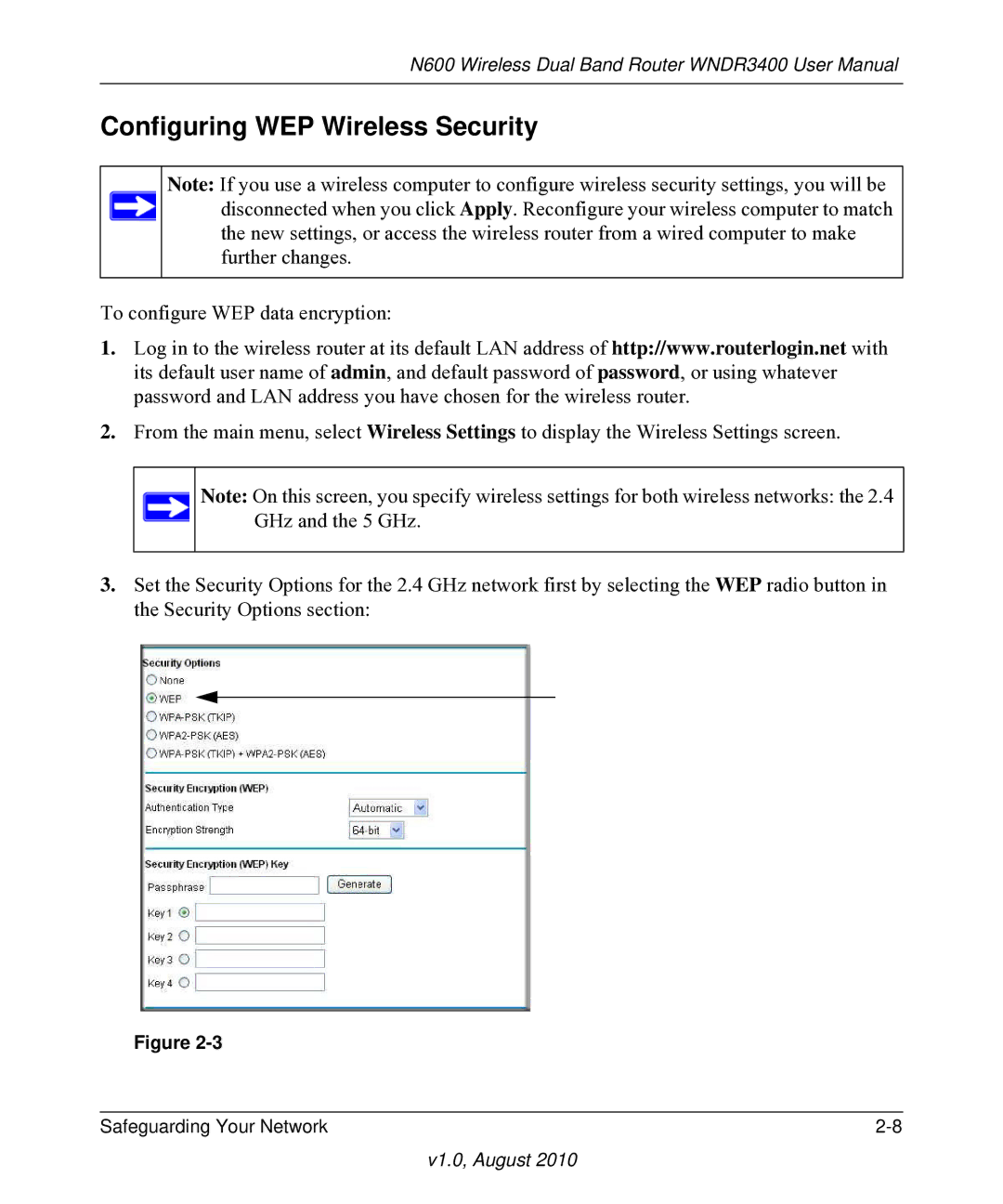 NETGEAR WNDR3400 user manual Configuring WEP Wireless Security 