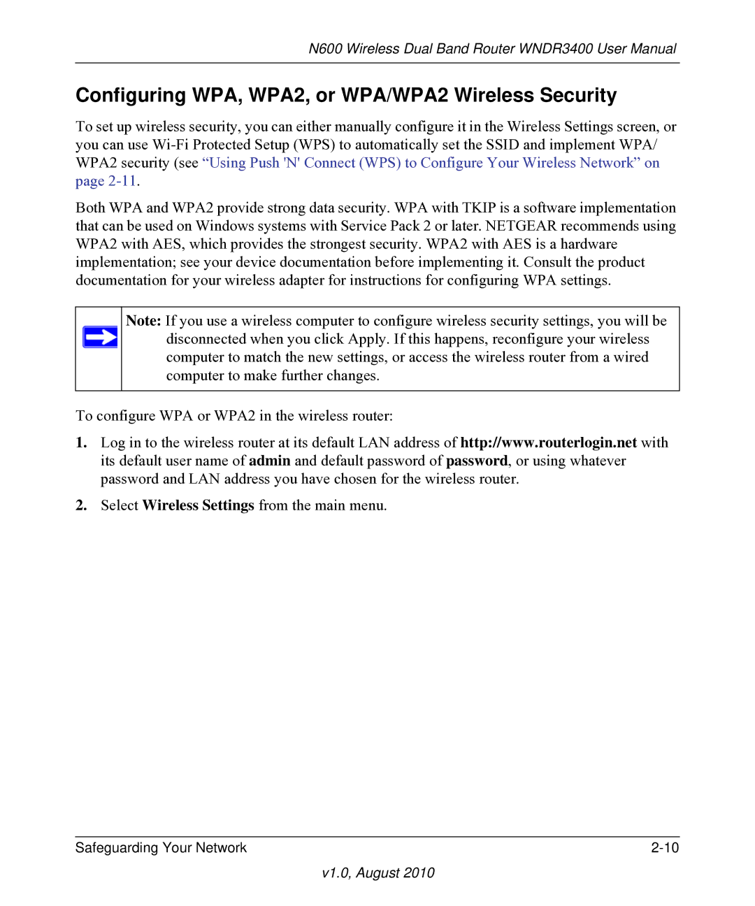 NETGEAR WNDR3400 user manual Configuring WPA, WPA2, or WPA/WPA2 Wireless Security 